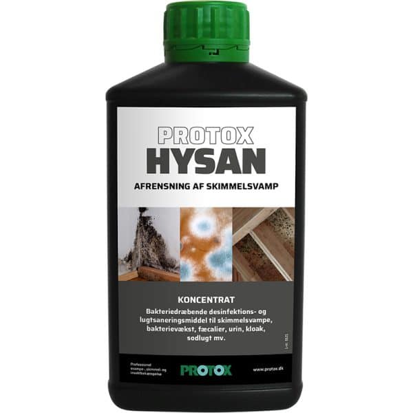 Protox Hysan koncentrat er særdeles effektivt til afrensning og desinfektion af skimmelsvamp. Produktet egner sig også til fjernelse af lugt og som desinfektion af bakterier og vira